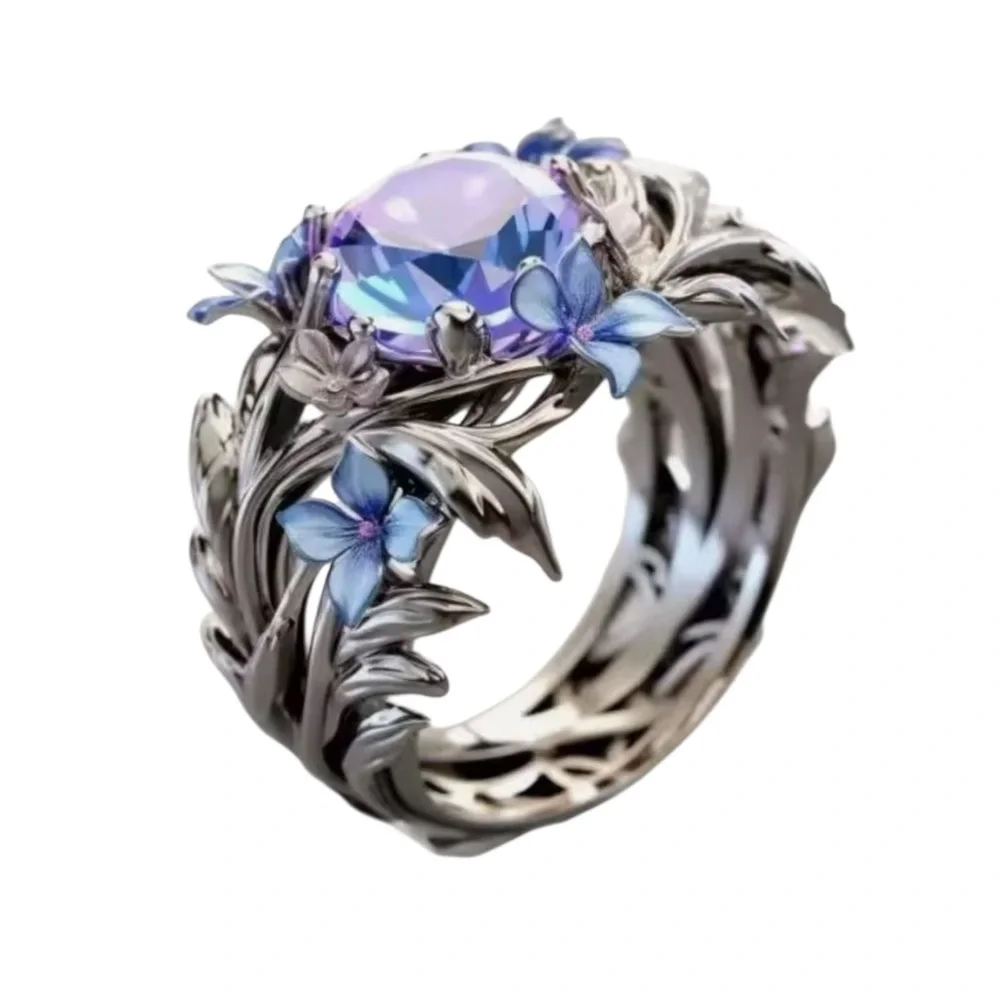 Elegant Silver and Blue Floral Ring‎